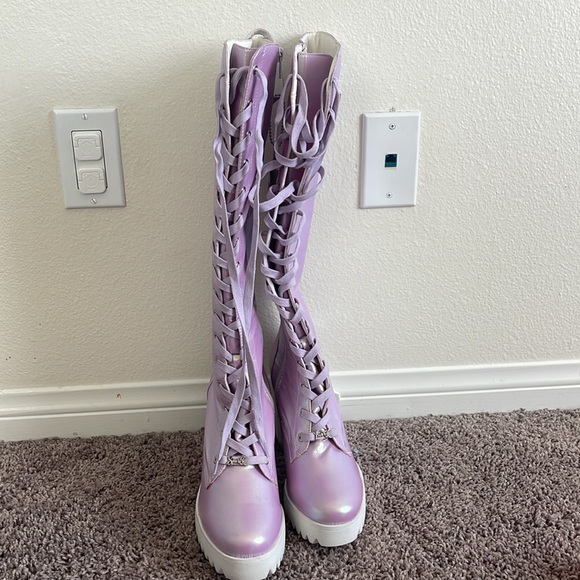 Iridescent Lace Up Knee-High Boots with Chunky Sole - Picture 2 of 9